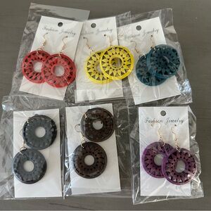 6 Pairs Starburst Wood Earrings Wholesale NEW Circle Dangle Hook Earrings